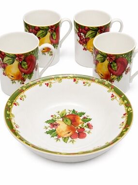 Reed & Barton White Dishware Set with Green, Red and Yellow Fruit Motif